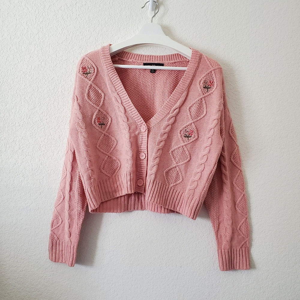 Almost Famous Cottagecore Boho Pink Floral Embroidered Cable Knit Cardigan XL